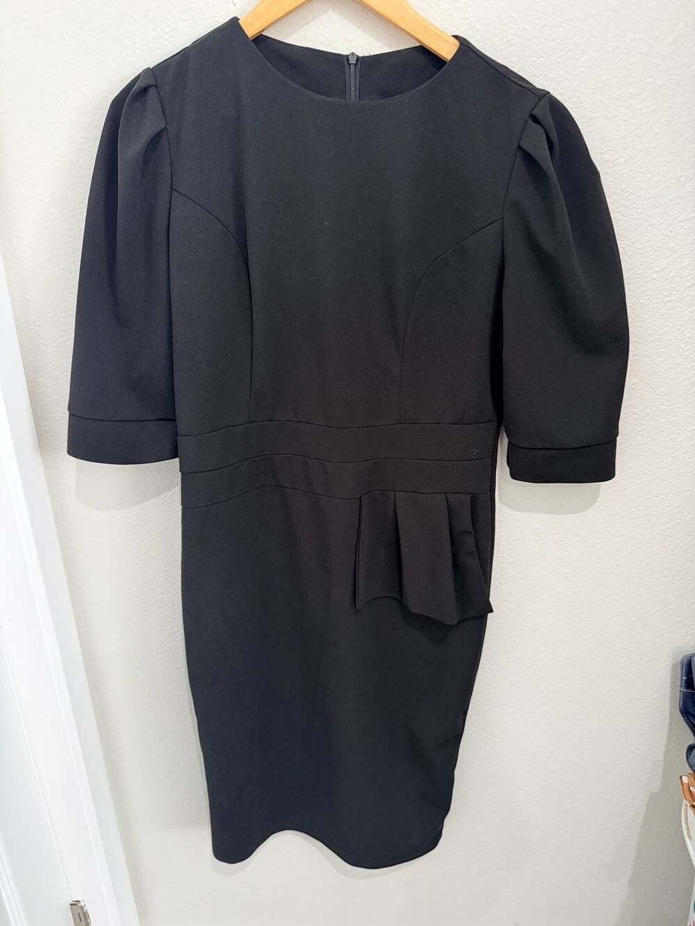 Qianzhiou Black Peplum Sheath Dress Size L Puff Sleeve Midi Dress